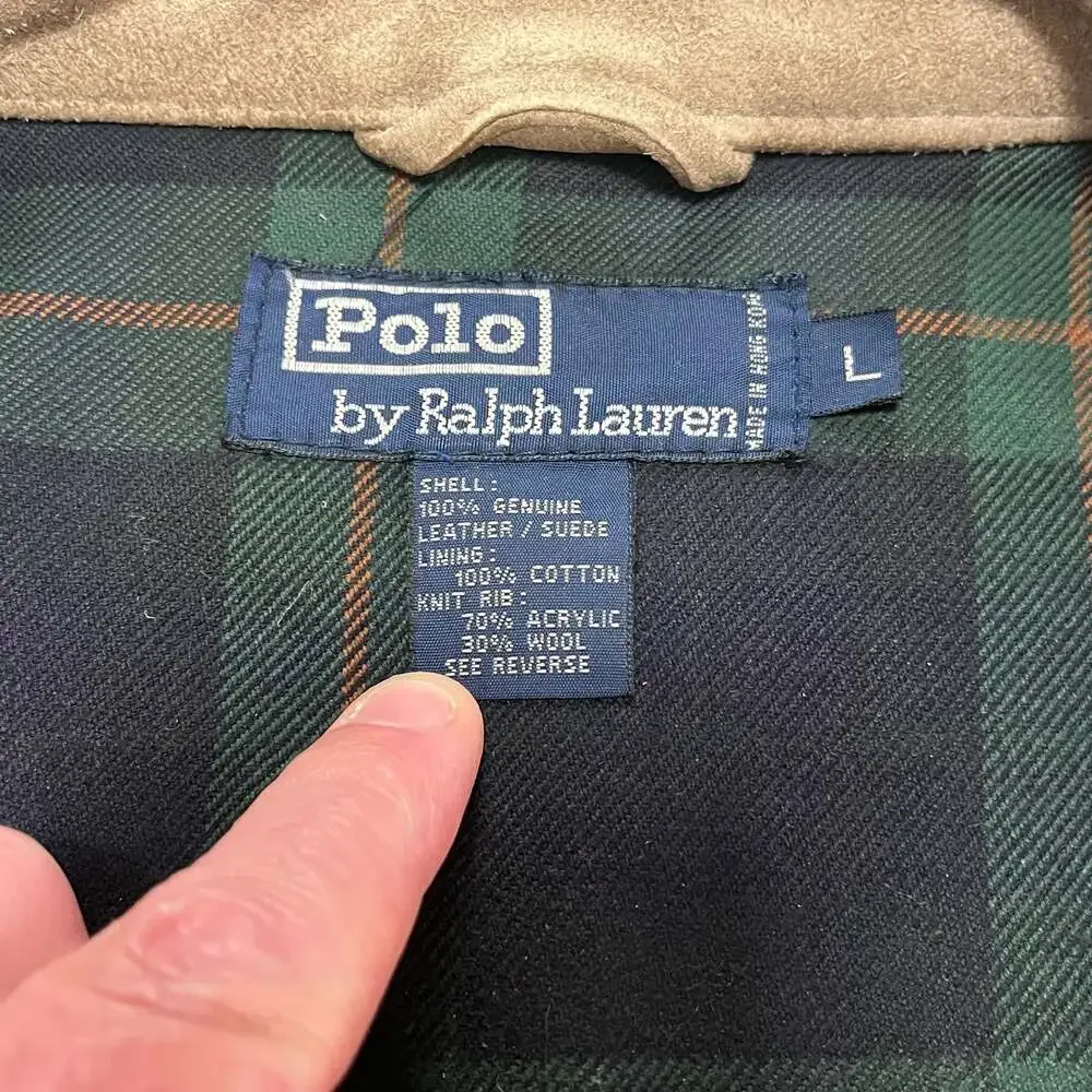 VTG 90s Polo Ralph Lauren Suede Bomber - Men's Large Blank Back Plaid Liner